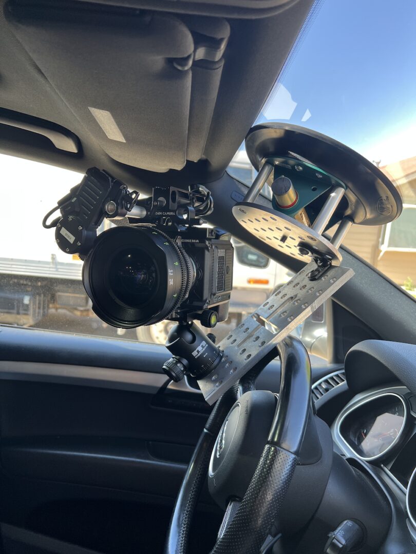 RED Komodo mounted on inside of windshield