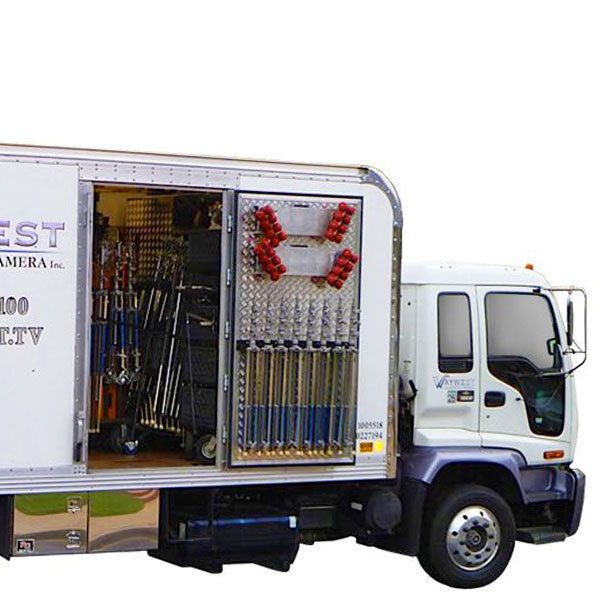 A white truck with production equipment