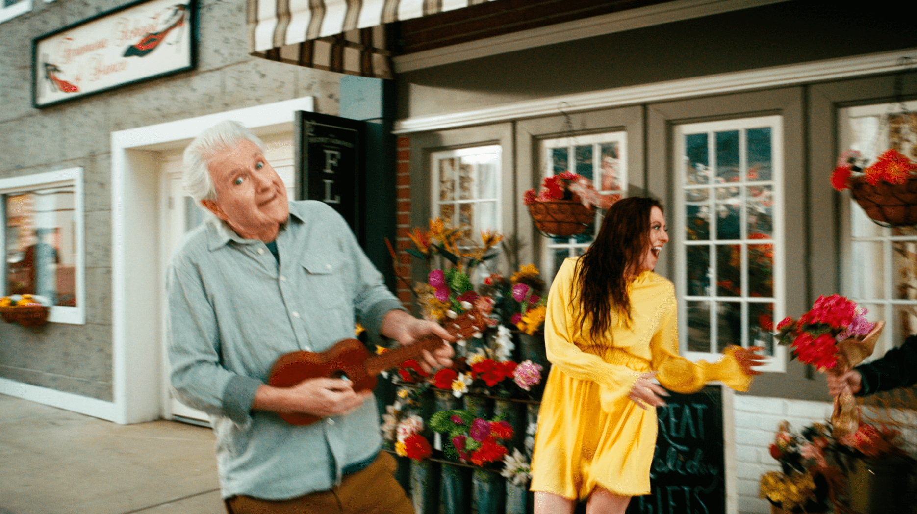 Commercial with an elderly man and a lady at a flowershop